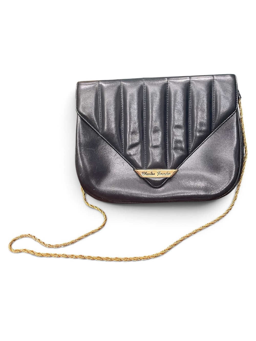 Vintage Charles Jourdan Paris Navy Leather Quilted Chain Shoulder Bag France 80s